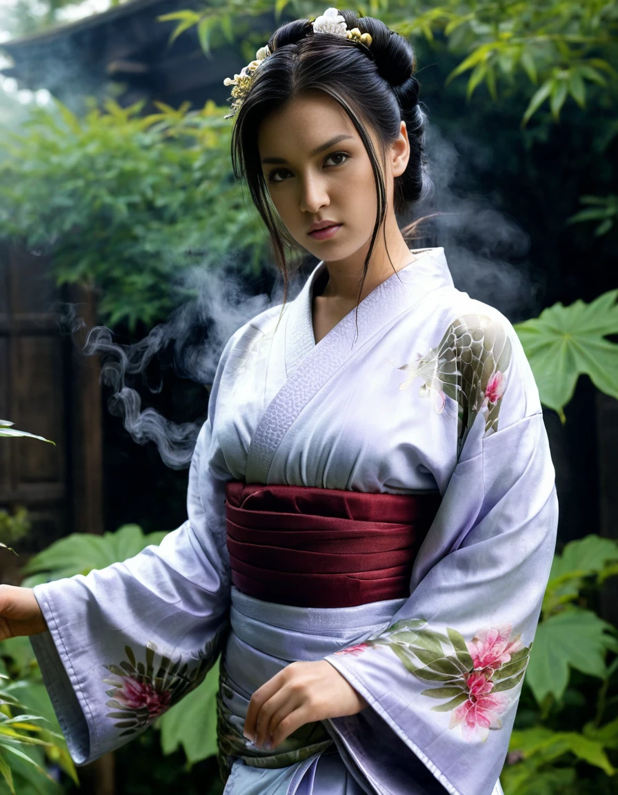 Dark Moody Atmosphere, Photorealism <lora:MariaOzawaSDXL:1>, upper-body photo of MariaOzawaSDXL in elegant geisha kimono, in a magical garden, colorful magic spells in the air, distorted air, mist , (looking at the viewer:1.3), Photorealism, often for highly detailed representation, photographic accuracy, or visual illusion., dramatic, mysterious, dark moody atmosphere