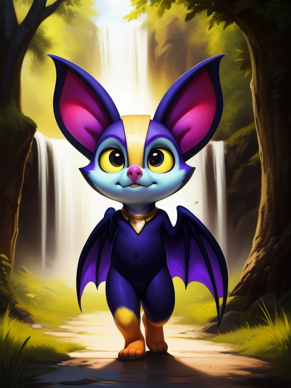 <lora:CammyCamazotzBatsNYif:1> CammyCamazotzBatsN, Bat, arms wings,  dark purple fur, yellow sclera, black eyes, light blue face, yellow feet,  ( chibi, small body,) male, gold necklace, gold necklace, ((yellow stripe on the forehead, dark purple belly,))
Looks at the viewer, [ solo, nature, forest, day, clouds, waterfall, nude, naced,](( walking, ))
beautiful, aesthetic, perfect, delicate, intricate, saturated colors, masterpiece, digital drawing, best quality,
by Darkgem, by Wildering, by Null-Ghost, by Silverfox5213, [[by Foxovh, by Chunie, by Pino Daeni, by Bonifasko]]