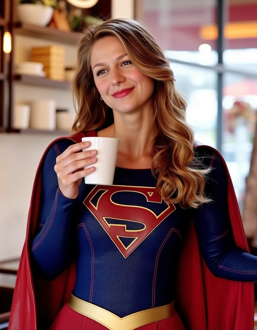 <lora:Supergirl_Flux:1.3> This is an image of supergirl in her superhero costume with a red cape, hair cascades over her shoulders. she is standing in a cafe having a coffee, smile