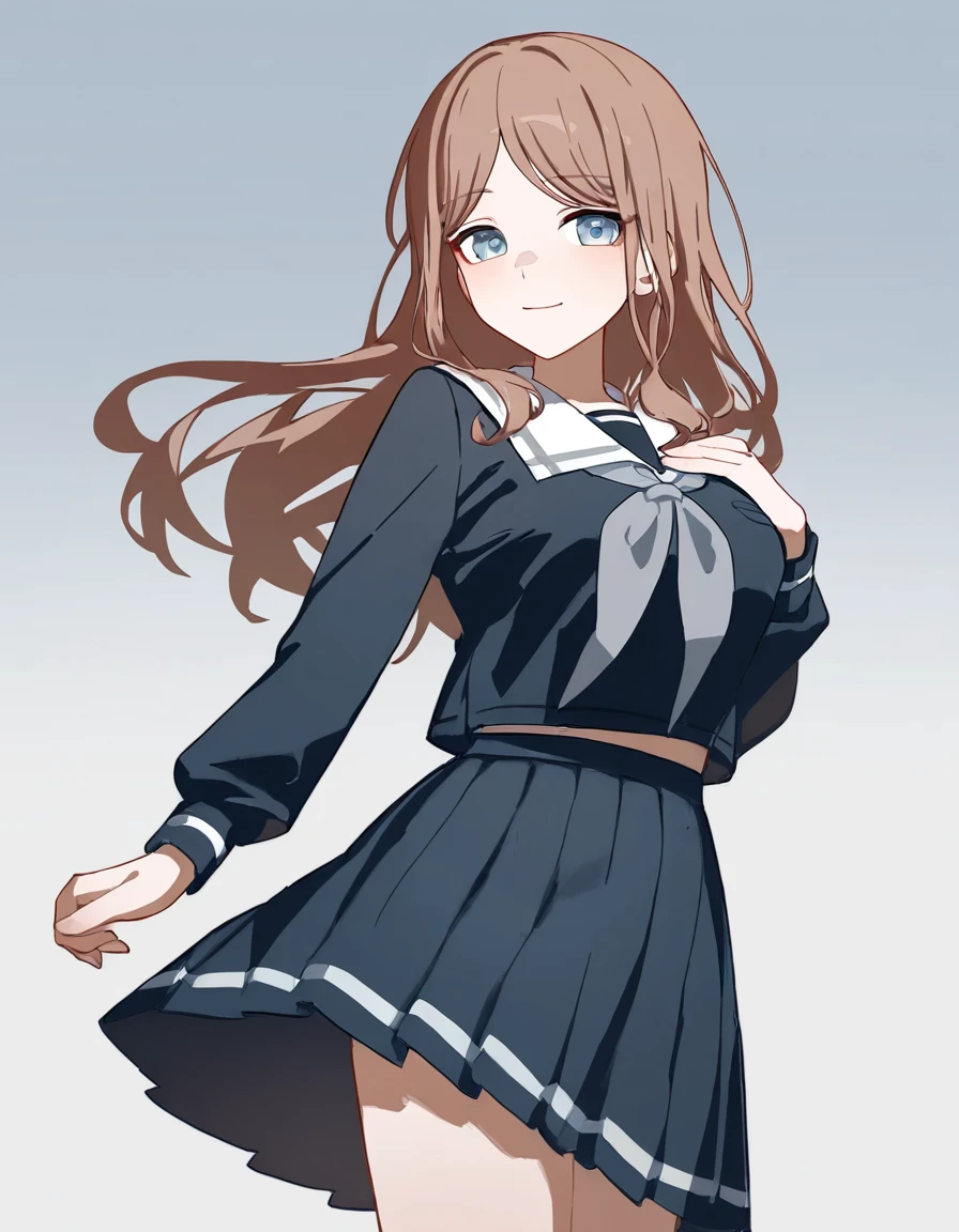 nagasaki soyo, 1girl, solo, <lora:nagasaki_soyo_IlluXL:1>, school uniform, serafuku, long sleeves, pleated skirt, standing, white sailor collar, grey neckerchief, light smile, breasts, arm at side, hand on own chest, light blush, looking at viewer, gradient background, grey background,, best quality,masterpiece,highres,[[[tianliang_duohe_fangdongye,[ningen_mame,ciloranko,[sushineko8]]]]]