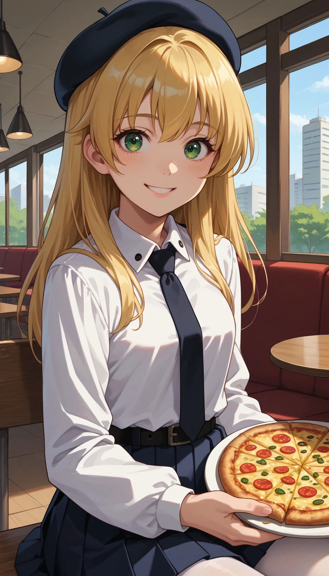 score_9, score_8_up, score_7_up, source_anime,  smile
,, pizza, sitting,upper body, indoors, restaurant,  <lora:GUPCarpaccio:1> ACarpaccio, 1girl, long hair,blonde hair, white pantyhose, green eyes, pleated skirt, anzio school uniform, black necktie, hat, beret, dress shirt, smile, long sleeves,  white shirt, miniskirt, black belt, black headwear, black skirt , wing collar,