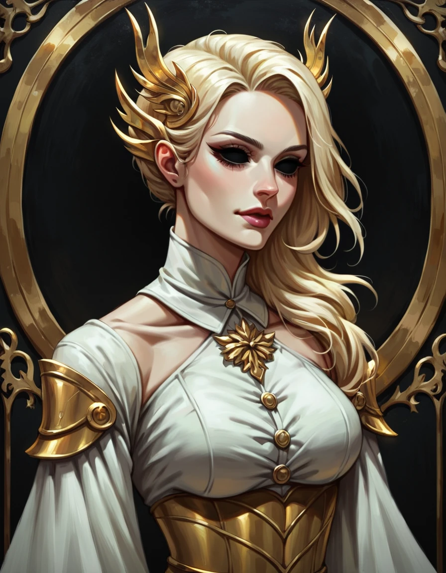 score_9, score_8_up, score_7_up,  hollow eyes, upper body portrait, attire is a form-fitting white dress with a high collar and gold buttons, cinched at the waist by a wide, gold belt, Graceful, elegantly, dancing, the elven swordsman spins and twirls, their blade flowing like water as they move effortlessly between attacks. <lora:Hollow_Eyes_Portrait_Pony:0.5>