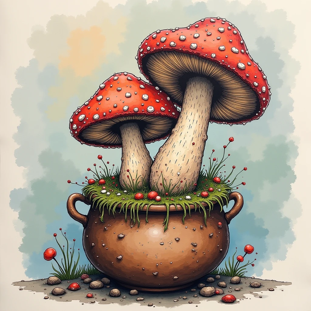 Unappetizing mushroom in a folk contour rivalry drawing pot, epic, Mosaic-Like soft light, hyperdetailed