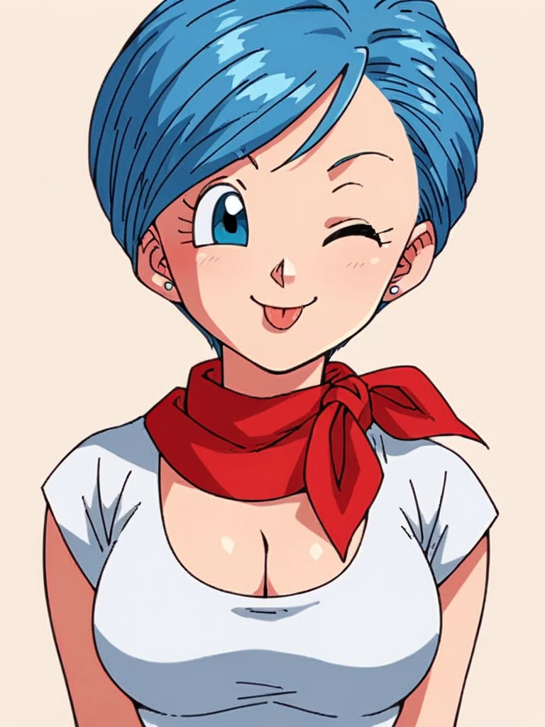 score_9, score_8_up, score_7_up, 
1girl, bulma, blue hair, blue eyes, short hair, swept bangs,

white t-shirt, short sleeves, cleavage, large breasts, red ascot, jeans, 

upper body, looking at viewer, simple background,

smile, wink, closed mouth, tongue out,