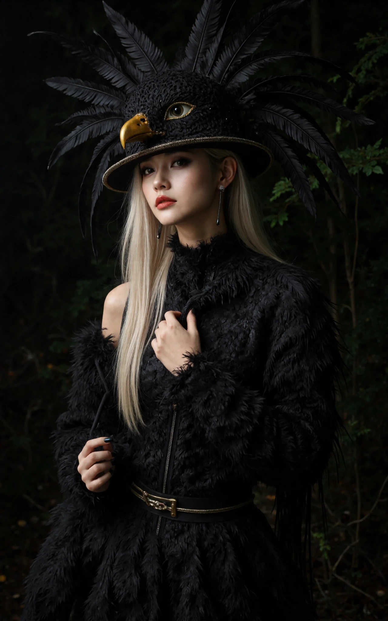 japanese supermodel, long platinum hair, dark eyeshadow, red lips, wearing a masquerade costume, with a hat fashioned out of feathers to resemble an eagle's head, and a feathered dress, dark background, silhouetted, chiascuro, midjourney_whisper_avant_couture,
XUER INS style,1girl,solo,looking at viewer,extremely beautiful skin,natural skin texture,big breasts,earrings,
highly detailed,ultra-high resolution,32K UHD,sharp focus,best-quality,masterpiece,unconventional supreme masterpiece,masterful details,depth of field,blurry background,blurry foreground,motion blur,going really fast masterpiece,deep focus,
color graded cinematic,atmospheric lighting,award film grain,A shot with tension,(Visual impact,giving the poster a dynamic and visually striking appearance:1.2),impactful picture,