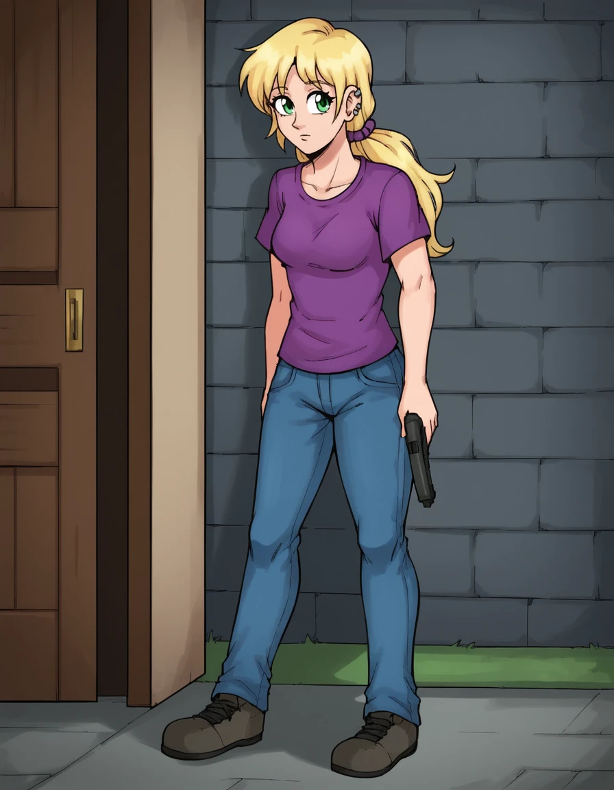 score_9, solo, portrait, spooky house, holding gun, hiding behind a corner, grey skies, outside, 
<lora:Jennifer Lloyd (CURSED):0.4> JenniferLloyd, ear piercing, blonde hair, long hair, green eyes, low ponytail, t-shirt, jeans, shoes, 
 <lora:HaremHentai_Heroes_Style_NutakuKinkoid:1> HHstyle