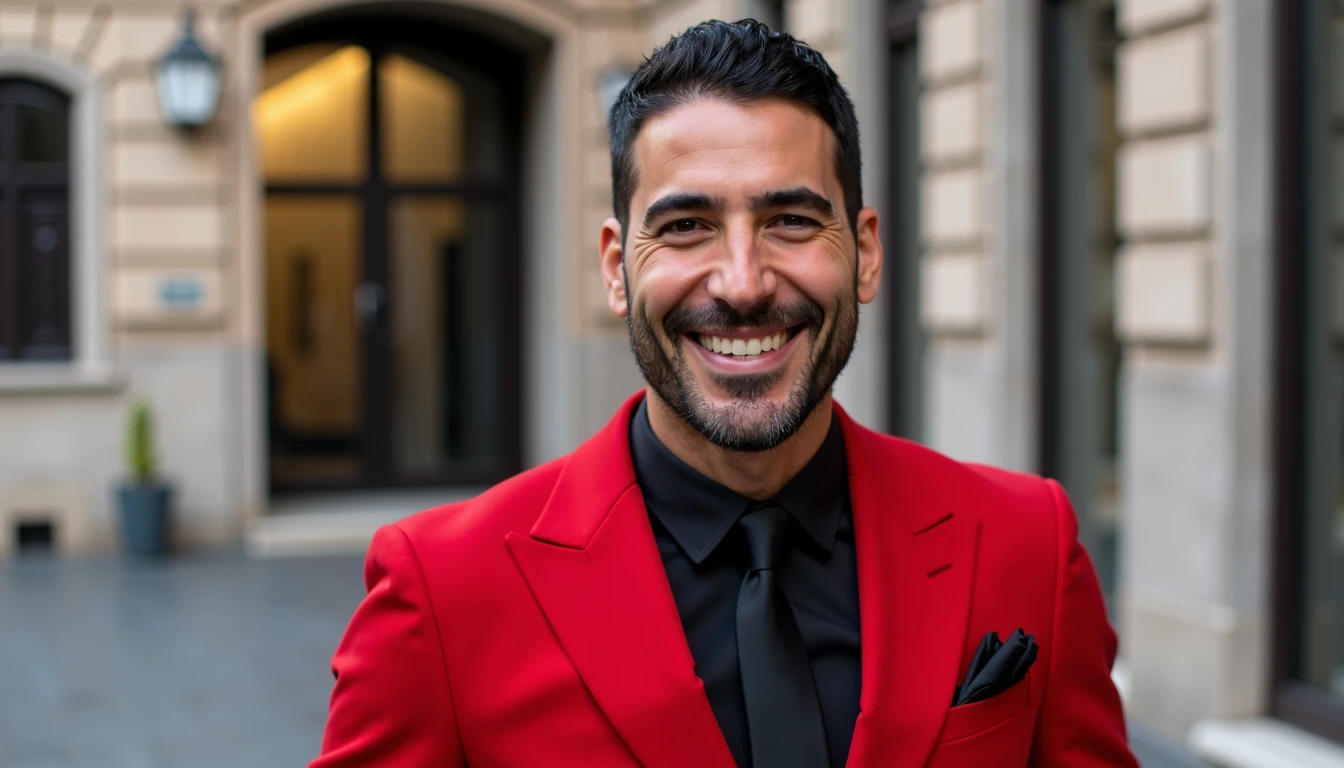 the actor Miguel Angel Silvestre smiles dressed completely in red and black tie in front of the CivitAI headquarters