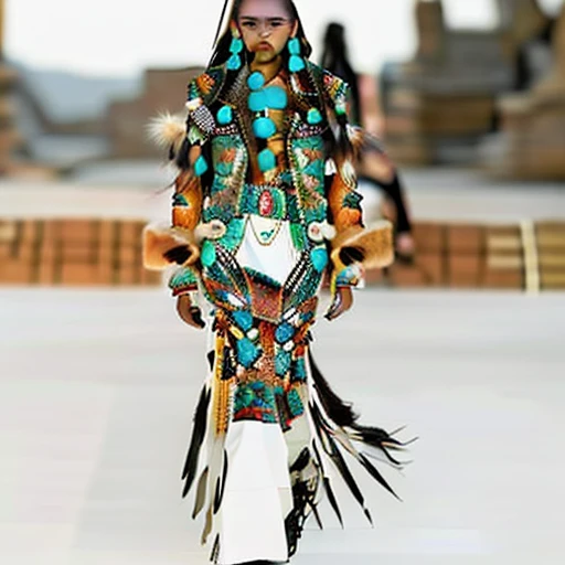 turquoise nacklace and earrings, leather trim on the jacket, white pants, colorful beading and leather trim on jacket, printed skirt with long leather fringe accents, walking runway background scene, walking runway, lace and lather wrapped around arms, black hair, full body