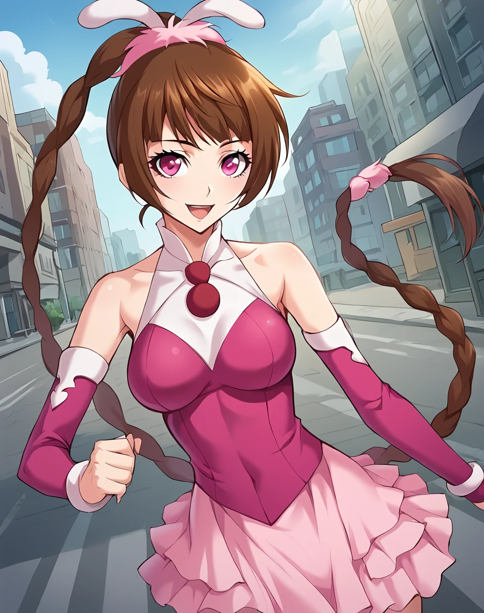 xiao_wu_manhua, adult, brown hair, very long hair, braided ponytail, pink eyes, hair ornament, detached sleeves, bare shoulders, pink battle dress BREAK outdoors, city street, BREAK looking at viewer, sexy face, sexy smile, open mouth, cowboy shot,  BREAK score_9, score_8_up, score_7_up, source_anime ,zPDXL, perfect hand,  <lora:Xiao_Wu:0.8>