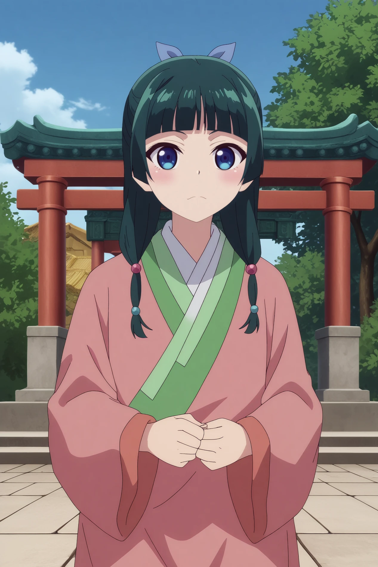  maomao,1girl,solo,japanese clothes,long hair,looking at viewer,bangs,kimono,hair ornament,blunt bangs,twintails,standing BREAK outdoors,old japon city,torii,sakura flowers,Japanese architecture,japanese temple,consistent background   Tilting head to the side with a flirtatious glance,  <lora:MaoMao.safetensors:0.8>