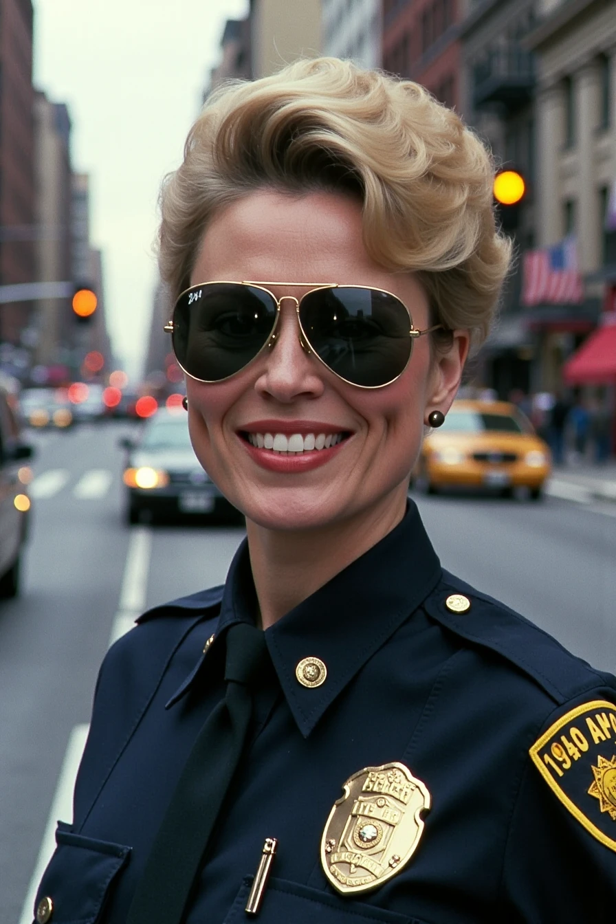 <lora:Leslie Easterbrook_Flux_Rapid:1.0> professional photo, 1980s, close-up portrait of a 28yo woman in a NYPD police uniform wearing aviator sunglasses, smiling, busy metropolitan street in the background, bokeh