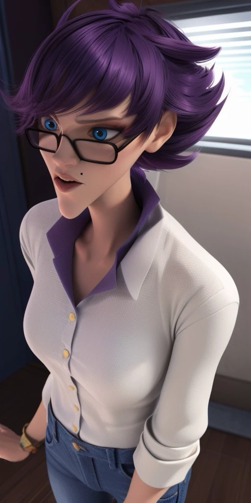 Hyperrealistic, photorealistic, super detailed, blue jeans, purple V-necked dress shirt with a white scientific scribble pattern and popped collar, deep cornflower blue eyes, short dark purple hair, prominent lips, beauty mark on her left cheek, pointy chin, body like in real life, large pores, fair skin, tall, beautiful arms, very flat very little breasts, unreal engine, octane render, droped shadow, bokeh, cinematic lighting, <lora:add_detail:0.5>, <lora:Volumetric_lighting:0.6>, Olga Mendeleiev, <lora:9ff36df4-f6f9-414c-b6c2-64238b1b9e87:0.7>