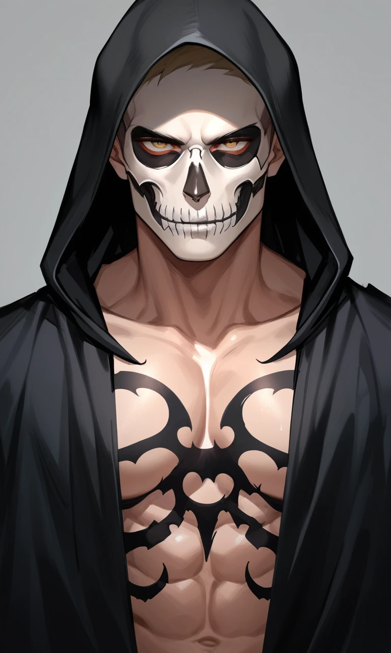 source_anime, ((score_9)),score_8_up,score_7_up,score_6_up,score_5_up,score_4_up, 1boy, medium hair, muscles, dark cloak, hood, halloween, SKULLF4C3XL, skull tattoo, facial_tattoo, skeleton makeup, skull facepaint,