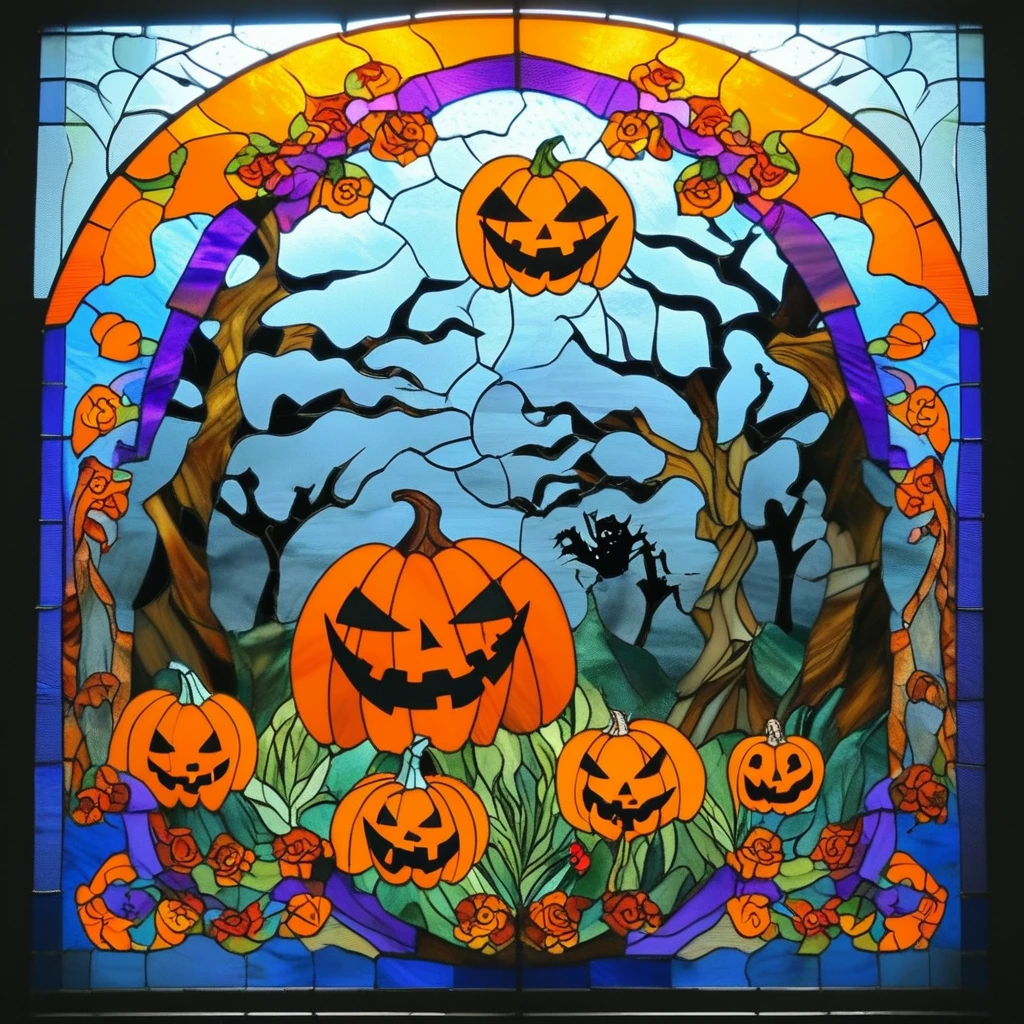 stained glass windows style  Halloween pumpkins