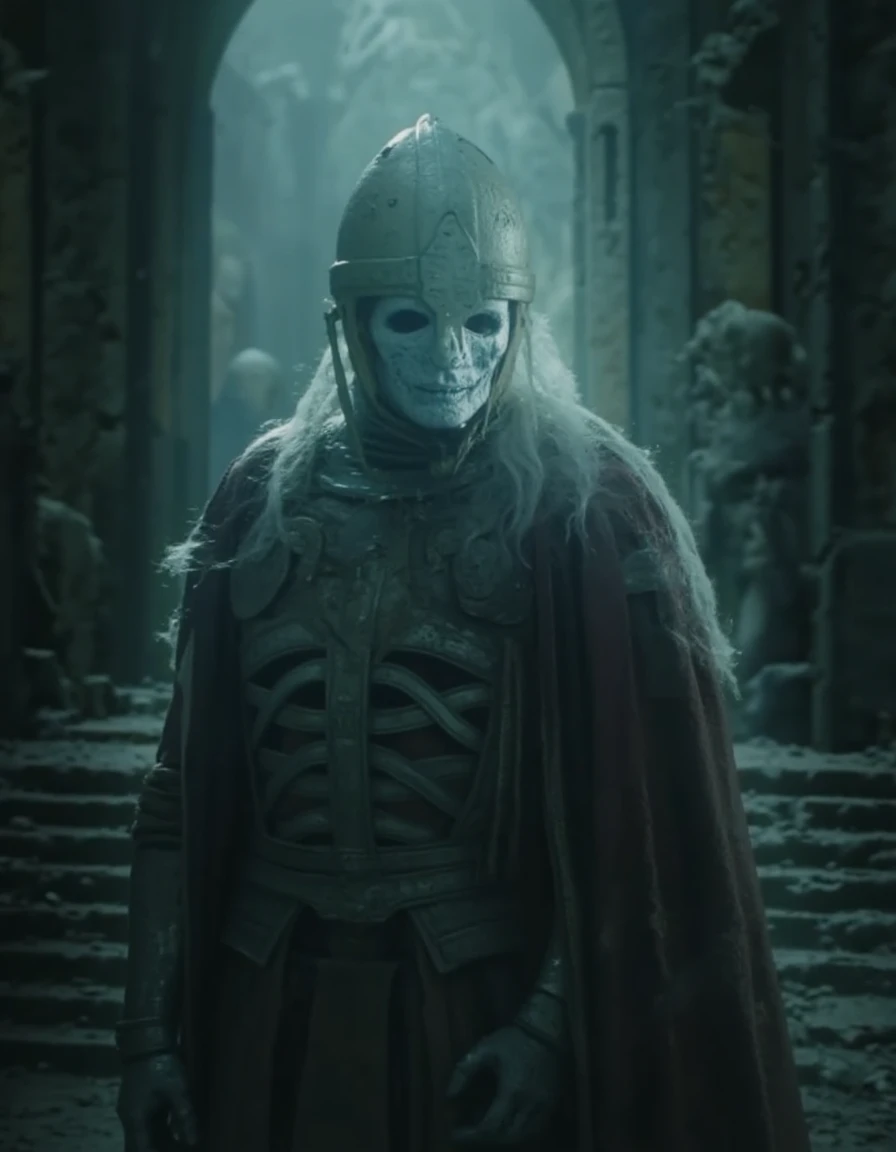 A ghostly figure in ancient armor hovers in a dimly lit room, its translucent form flickering with an ethereal glow. The armor, tarnished and weathered with time, clings to the spectral figure, with cracks and gaps revealing the misty, swirling essence within. The ghostâs hollow, glowing eyes peer out from beneath a dented helmet, casting an eerie light across the dark surroundings. Long, tattered remnants of a cloak drift weightlessly behind it as if caught in a perpetual wind. The armor's metal clinks faintly, echoing in the silence, while the ghost hovers silently, its presence both haunting and regal in the desolate space <lora:lotrghost_v1:1>