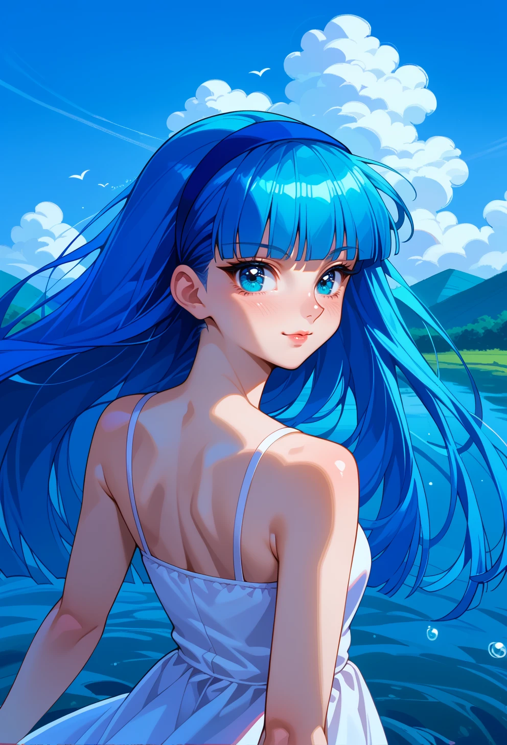 score_9, score_7_up, source_anime, solo, <lora:AEUmi-000009:0.8> BREAK AEUmiDef, blue eyes, blue hair, blunt bangs, long hair, blue hairband,
white sundress, spaghetti strap, twisted torso, horizon, lake, looking back, smile, floating hair,