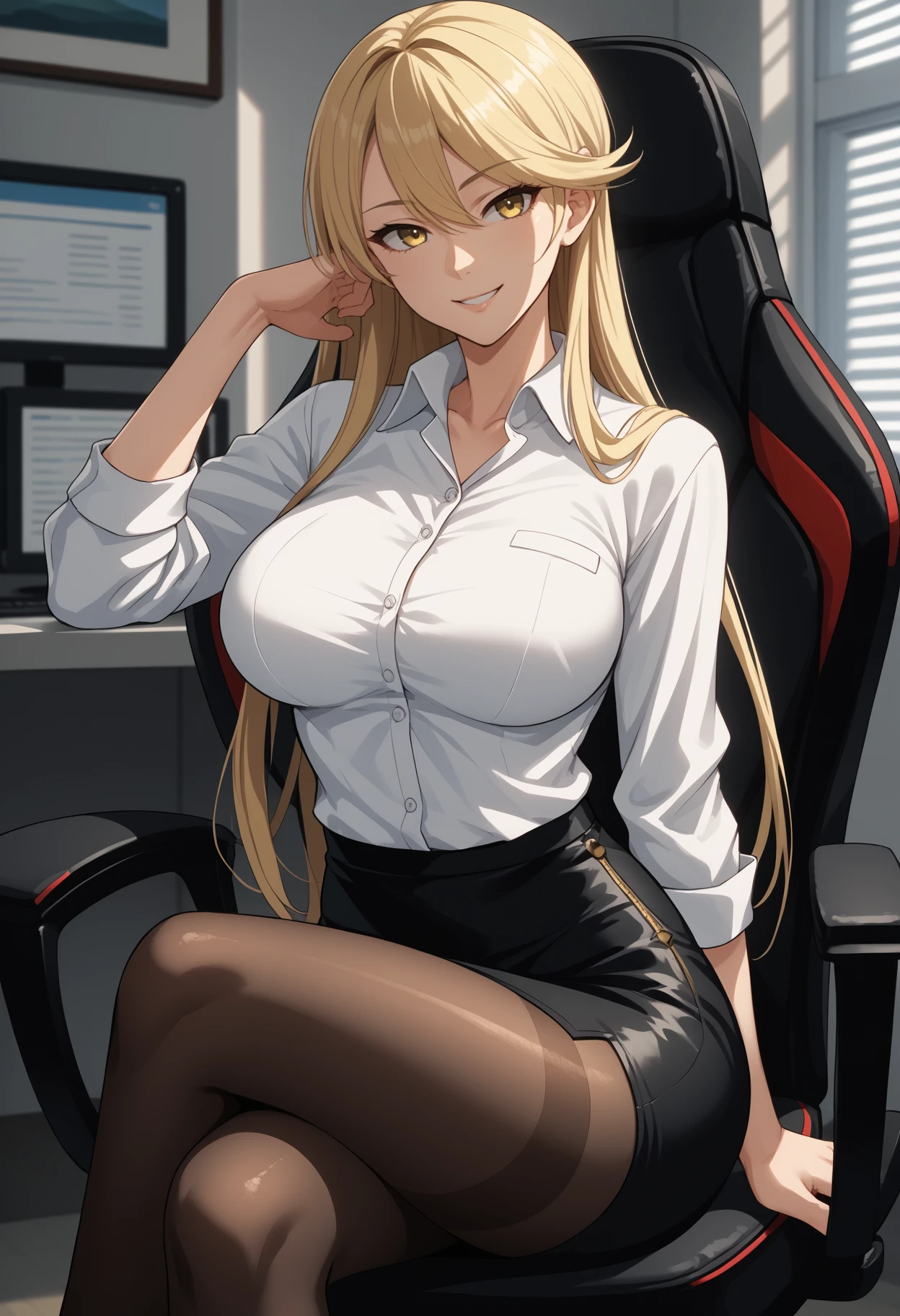 score_9, score_8_up, score_7_up, source_anime, <break> solo, 1girl, ka5uga, smile, looking at you, sitting, swivel chair, crossed legs, long hair, blonde hair, yellow eyes, white shirt, collared shirt, black skirt, pencil skirt, black pantyhose, large breasts, indoors, office
<segment:yolo-face_yolov8m.pt,0.4,0.5//cid=1>