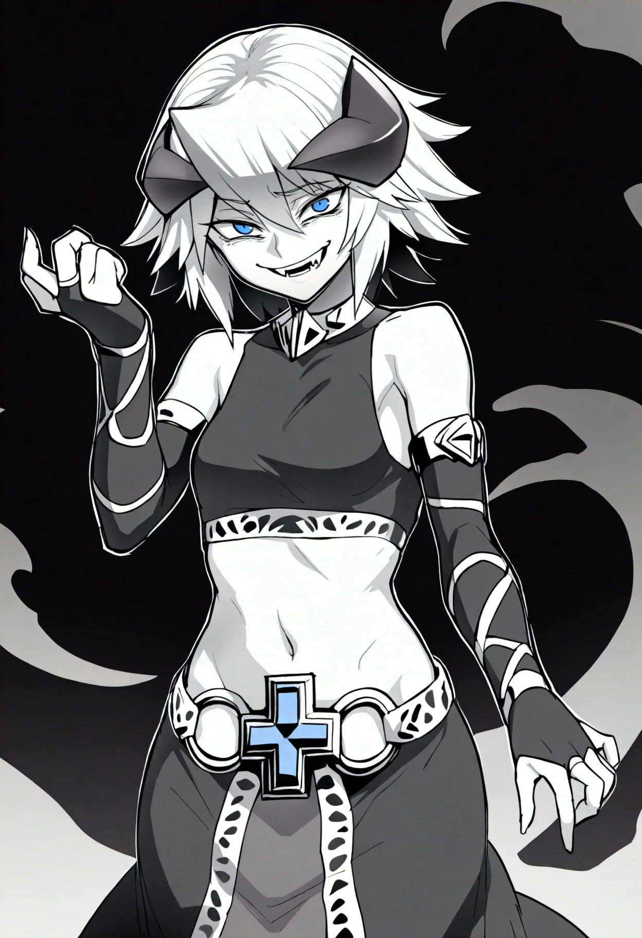 best quality, amazing quality, very aesthetic, absurdres,
monochrome, greyscale, ebiblue, gesugao,
1girl, isoldeygo, white hair, short hair, blue eyes, horns, fangs,
belt, dark blue crop top, long skirt, bridal gauntlets, navel, bare shoulders,
(glowing eyes:0.5), smile, looking at viewer, solo, black background <lora:EbiblueIllustriousXL_byKonan:1> <lora:IsoldeYGOIllustriousXL_byKonan:1>