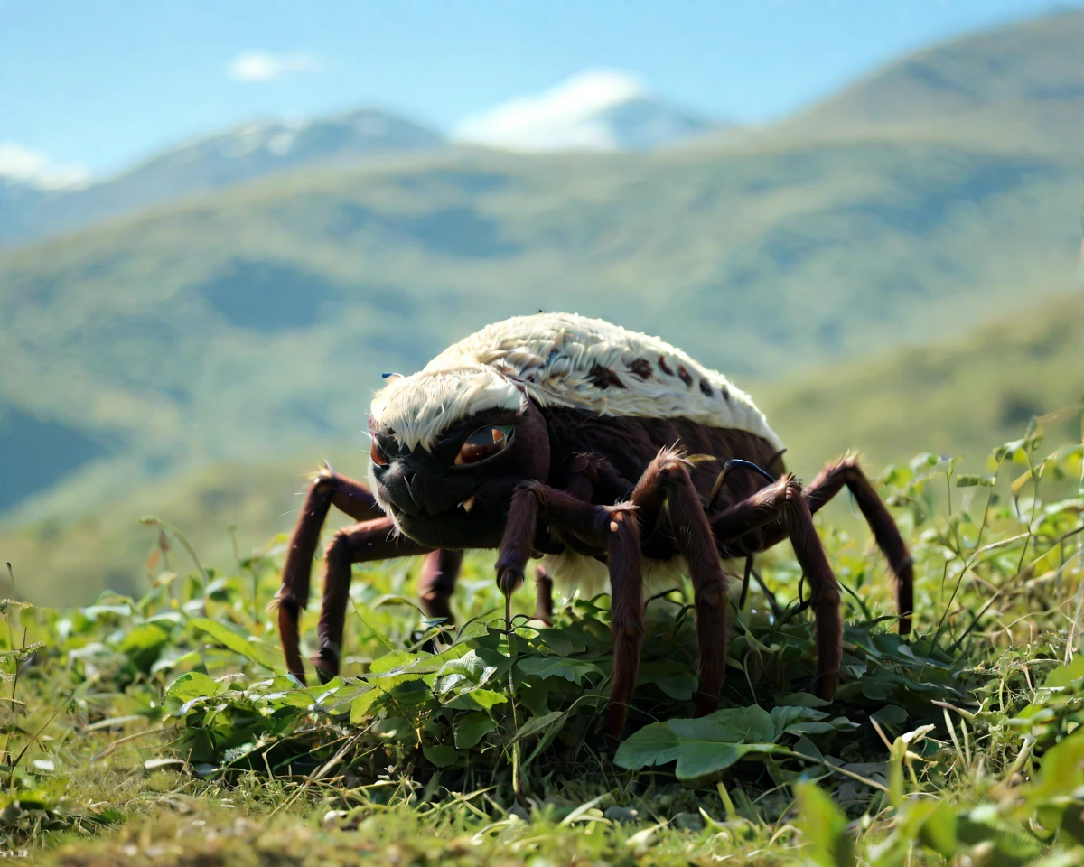 In this serene and tranquil natural landscape setting amidst a lush greenery under the peaceful sky dotted with fluffy white clouds, (a handsome noble man and arachnid creature :1.1) is (posing with self-confidence:1.1).
 <lora:gaalgai_hiker_ports_e33:0.5:0.67>