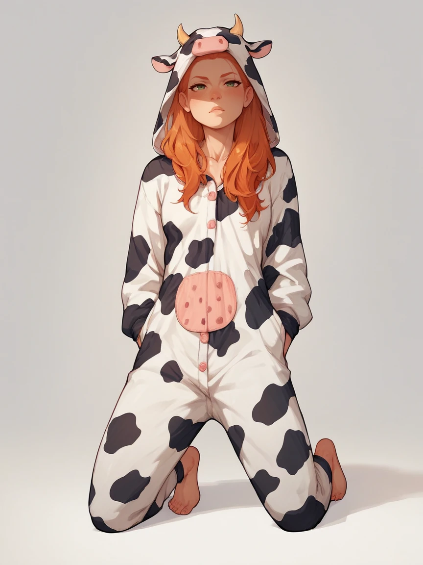 score_9, score_8_up, score_7_up, score_6_up, score_5_up,  <lora:CowonesieXLP:0.7> cow onesie, solo, cow print, animal costume, barefoot, 1girl, kneeling, long hair, ginger hair