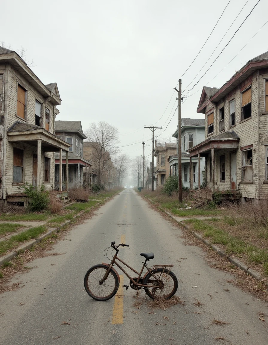 A quiet, abandoned street lined with small, forgotten homes. The windows are boarded up, and the front yards are overgrown with weeds. A single, rusted bicycle lays on its side in the middle of the street, untouched for years. The sky is a pale, overcast gray, adding to the lonely atmosphere.  <lora:urban-decay-streets_v10_rank64_bf16-step02240:1>, abndnd_plcs_strts