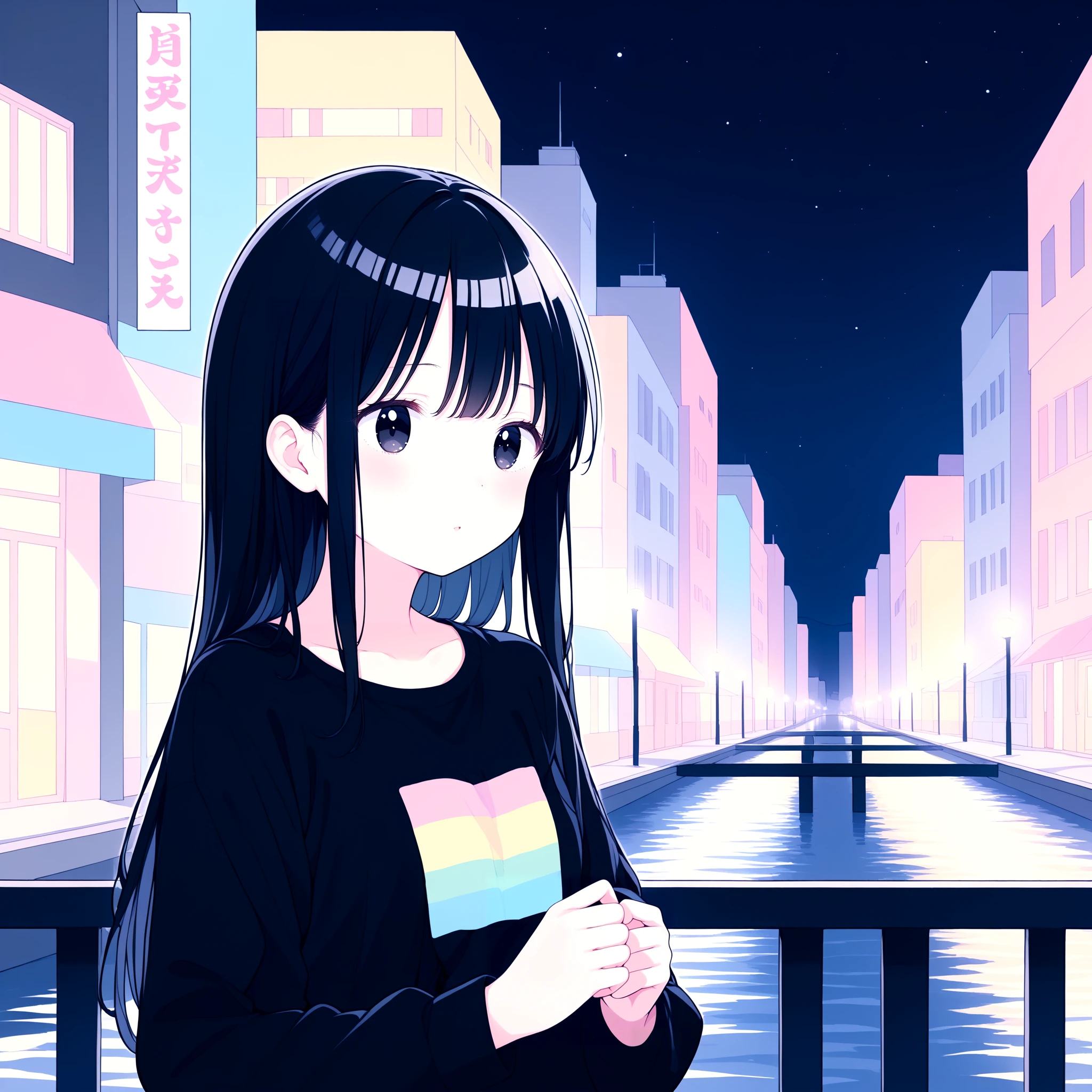 <lora:Gouache_SDXL_v2:0.7>, 1girl, long sleeves, black hair, black eyes, night, city, pastel colors, Gouache