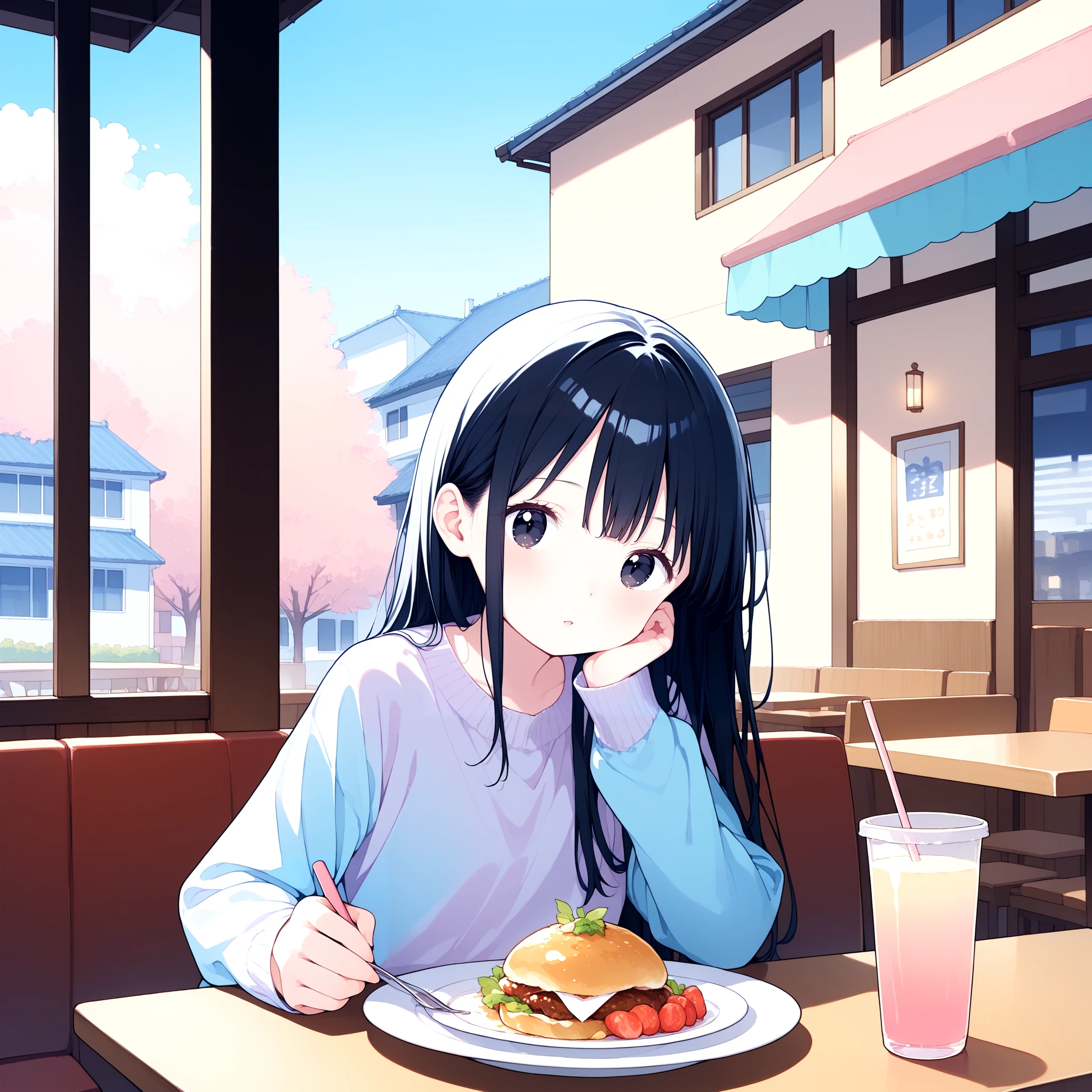 <lora:Gouache_SDXL_v2:0.7>, 1girl, long sleeves, black hair, black eyes, day, sky, restaurant, pastel colors, Gouache