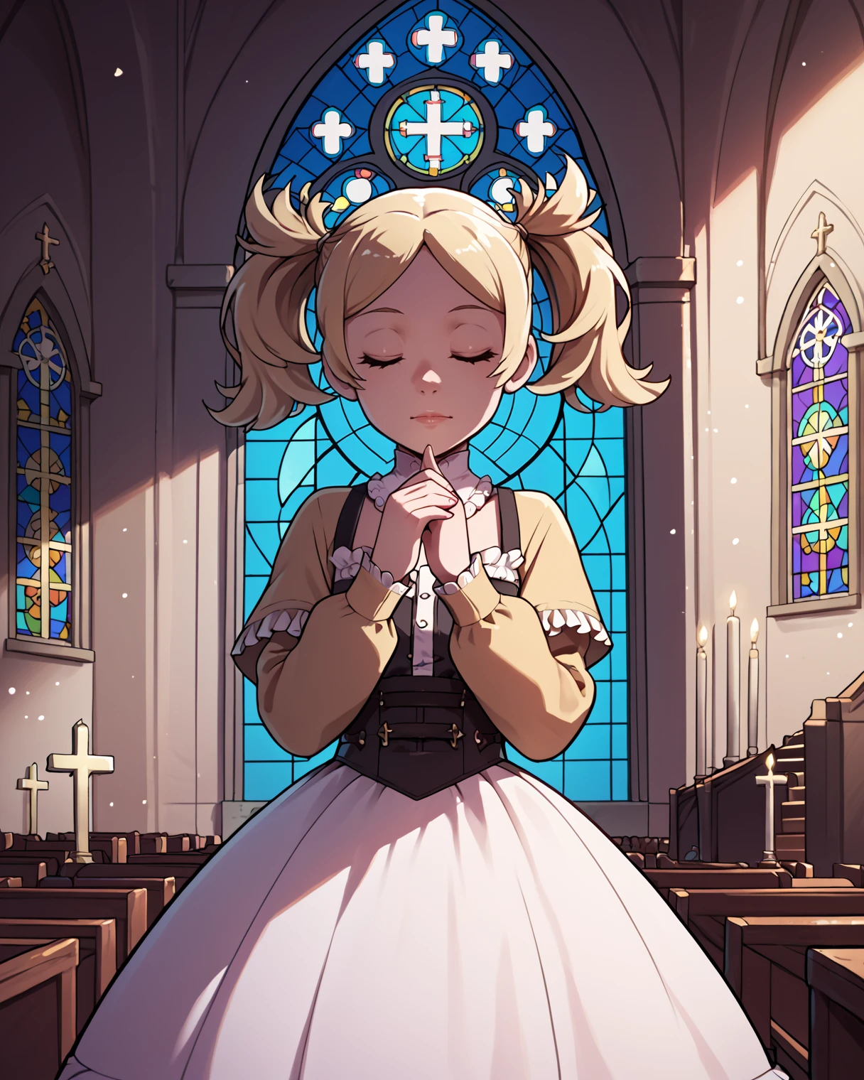 score_9, score_8_up, score_7_up, score_6_up, score_5_up, score_4_up,  <lora:Lissa_Liz_FE_Pony:0.8> lisa_fe, 1girl, blonde hair, twintails, blue eyes, prying, eyes closed, church, dress