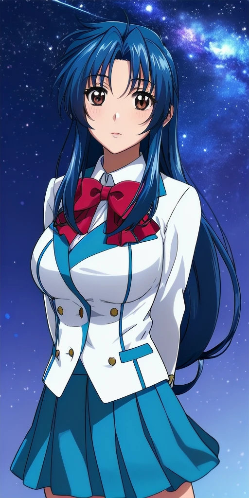 <lora:ChidoriV2:0.7> kaname_chidori_low-tied_long_hair, huge_breasts, standing, solo, arms_behind_back, starry_sky, red_hair_bow, blazer_aqua_plaid_skirt_red_bowtie, masterpiece, best_quality, detailed_face, detailed_eyes, highres, beautiful, detailed, absurdres,