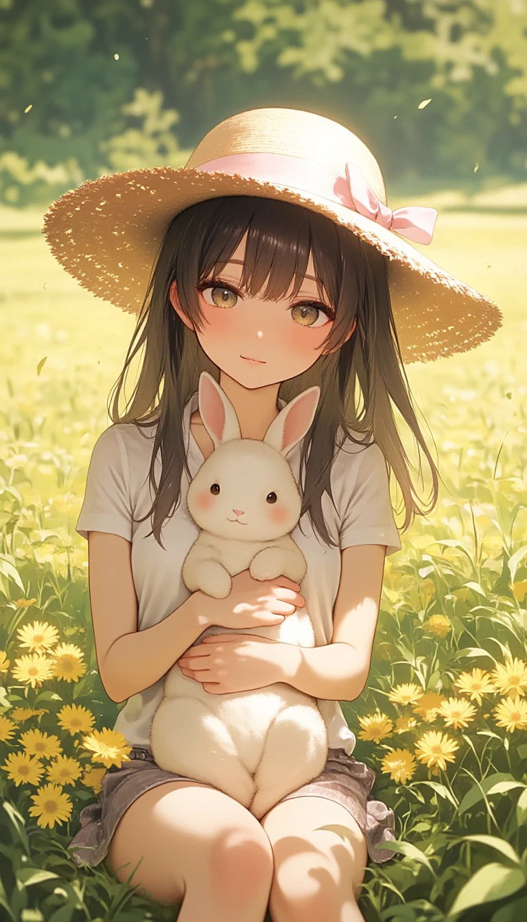 A cozy summer oil painting portrait of japanese girl with a cute bunny, style by Atey Ghailan, the air is warm and still, and the only sound is the gentle chirping of crickets, feel safe and loved, detailed eyes, perfect eyes, The scene is peaceful and nostalgic, and it brings a smile to your face,