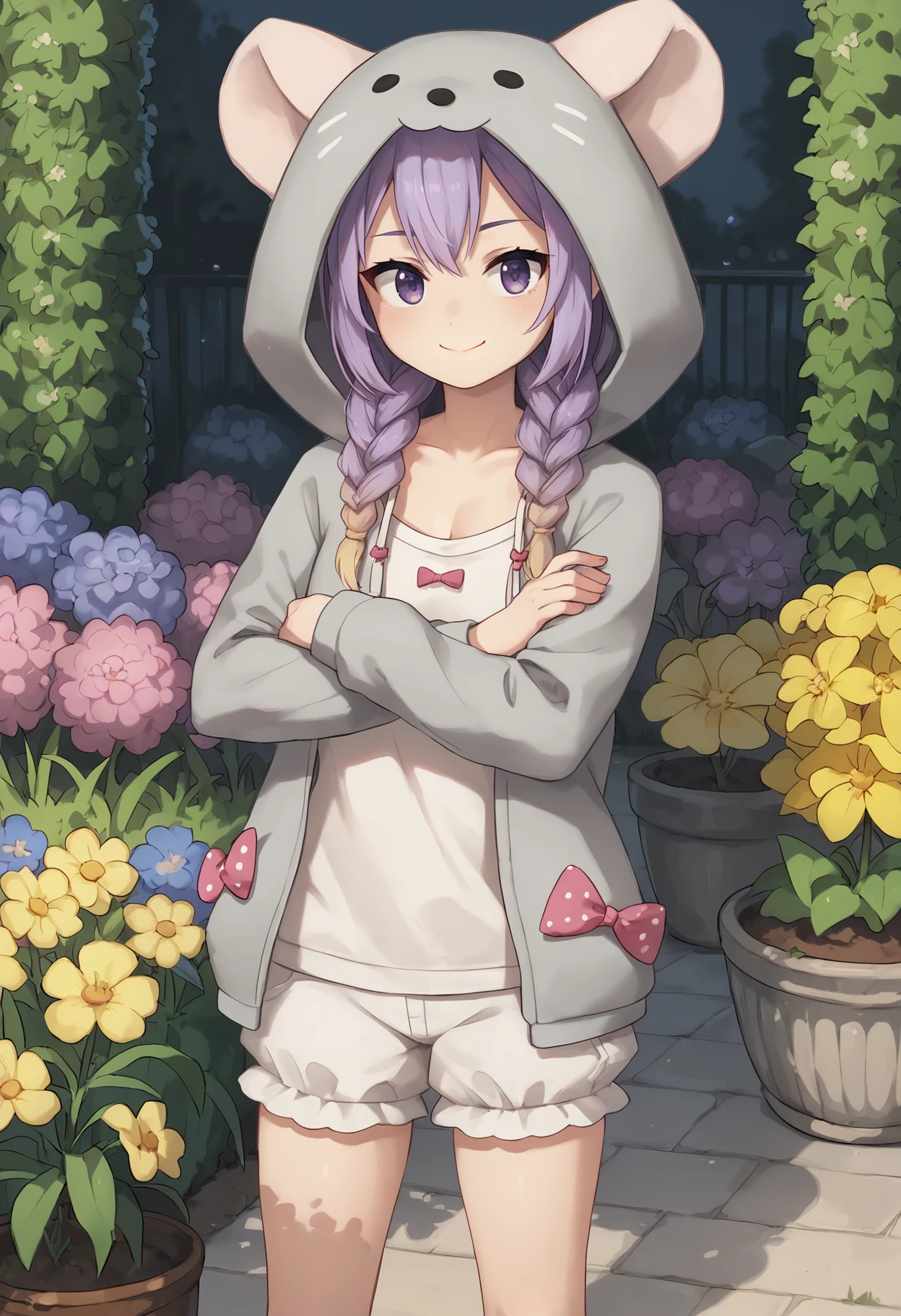 score_9, score_8_up, score_7_up, realistic, BREAK
1girl, outdoors, garden, flowers, crossed arms, smile, closed mouth
<lora:Hanamori-Natsumi-m4-000005:0.7>
Hanamori-Natsumi
purple hair, twin braids, grey hoodie, animal hood, white shirt, puffy shorts, white shorts, polka dot bow, grey socks