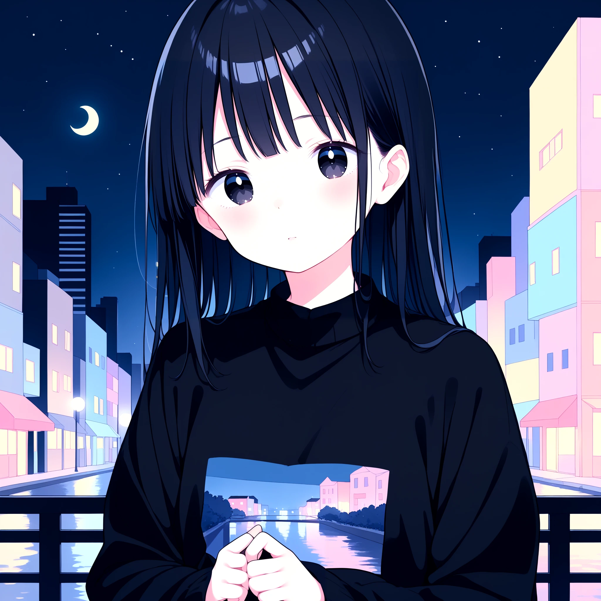 <lora:Gouache_SDXL_v2:0.7>, 1girl, long sleeves, black hair, black eyes, night, city, pastel colors, Gouache