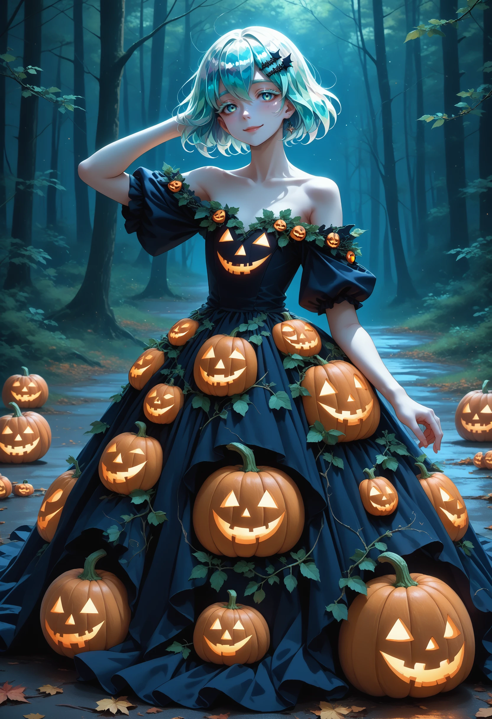 score_9, score_8_up, score_7_up, source_anime, <lora:wrenchHauntedHarvestGown:1>, wrnchhhg, bare shoulders, halloween, pumpkin, jack-o'-lantern dress, off-shoulder dress, strapless dress, 
<lora:Hoseki_HousekiNoKuni_Diamond_PDXL_v1:1>, hskdmnd, white skin, crystal hair, colored eyelashes, multicolored hair, short hair, 
light smile, hairpin, hand behind head, forest, haunted, spooky,