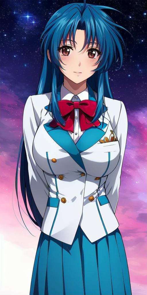 <lora:ChidoriV4:0.7> kaname_chidori_low-tied_long_hair, huge_breasts, standing, solo, arms_behind_back, starry_sky, red_hair_bow, blazer_aqua_plaid_skirt_red_bowtie, masterpiece, best_quality, detailed_face, detailed_eyes, highres, beautiful, detailed, absurdres,