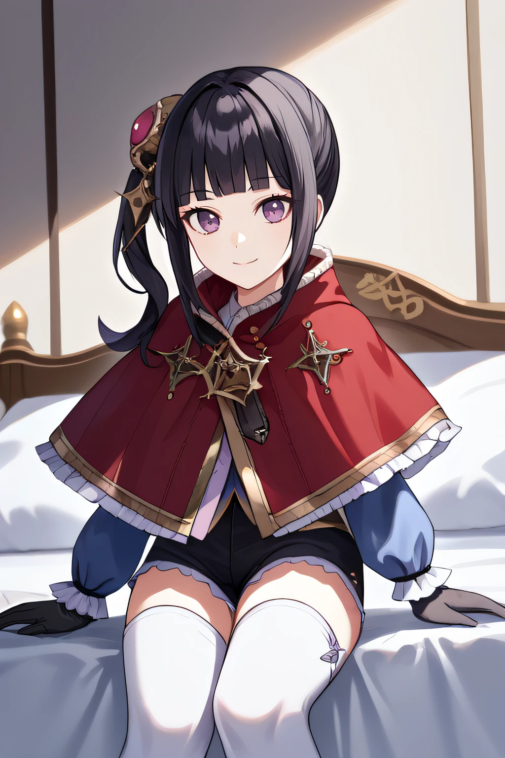 score_9, score_8_up, score_7_up, source_anime, rating_safe, intricate details, official style, 1girl, solo, <lora:Mimi_Houllier:1>, houllier, purple eyes, black hair, side ponytail, blunt bangs, sidelocks, hair ornament, default costume, red capelet, black gloves, black shorts, frilled cuffs, blue sleeves, white thighhighs, looking at viewer, smile, indoor, cowboy shot, sitting on bed, from below