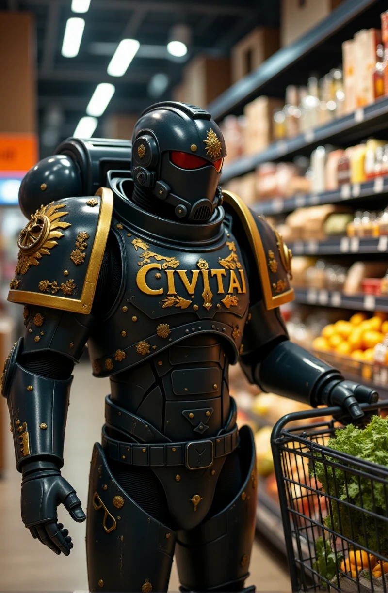 a space marine. he wears an armor and has the text "CIVITAI" carved in his armor. he is shopping in a grocery store <lora:Space_Marine:0.9>