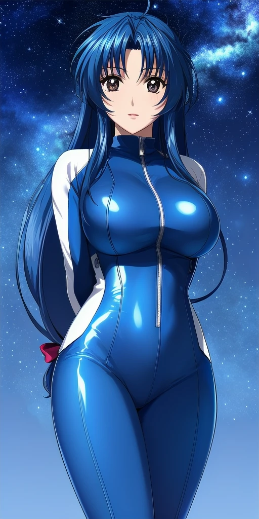 <lora:ChidoriV2:0.7> kaname_chidori_low-tied_long_hair, huge_breasts, standing, solo, arms_behind_back, starry_sky, red_hair_bow, bodysuit, masterpiece, best_quality, detailed_face, detailed_eyes, highres, beautiful, detailed, absurdres,