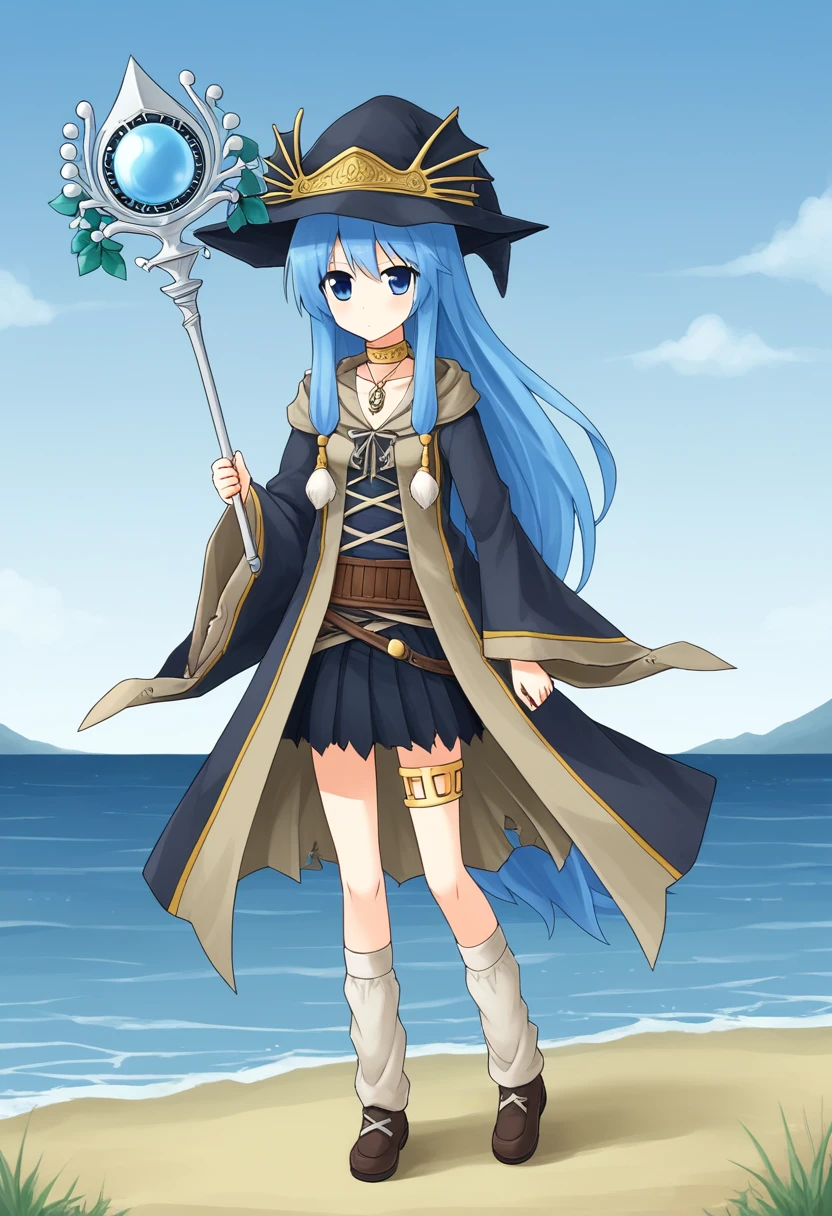 1girl, solo, arielerialritua, duel monster, blue hair, long hair, blue eyes, witch hat, pom pom \(clothes\), choker, necklace, hooded robe, wide sleeves, torn skirt, belt, thighlet, leg warmers, shoes, holding, staff, outdoors, sea, full body