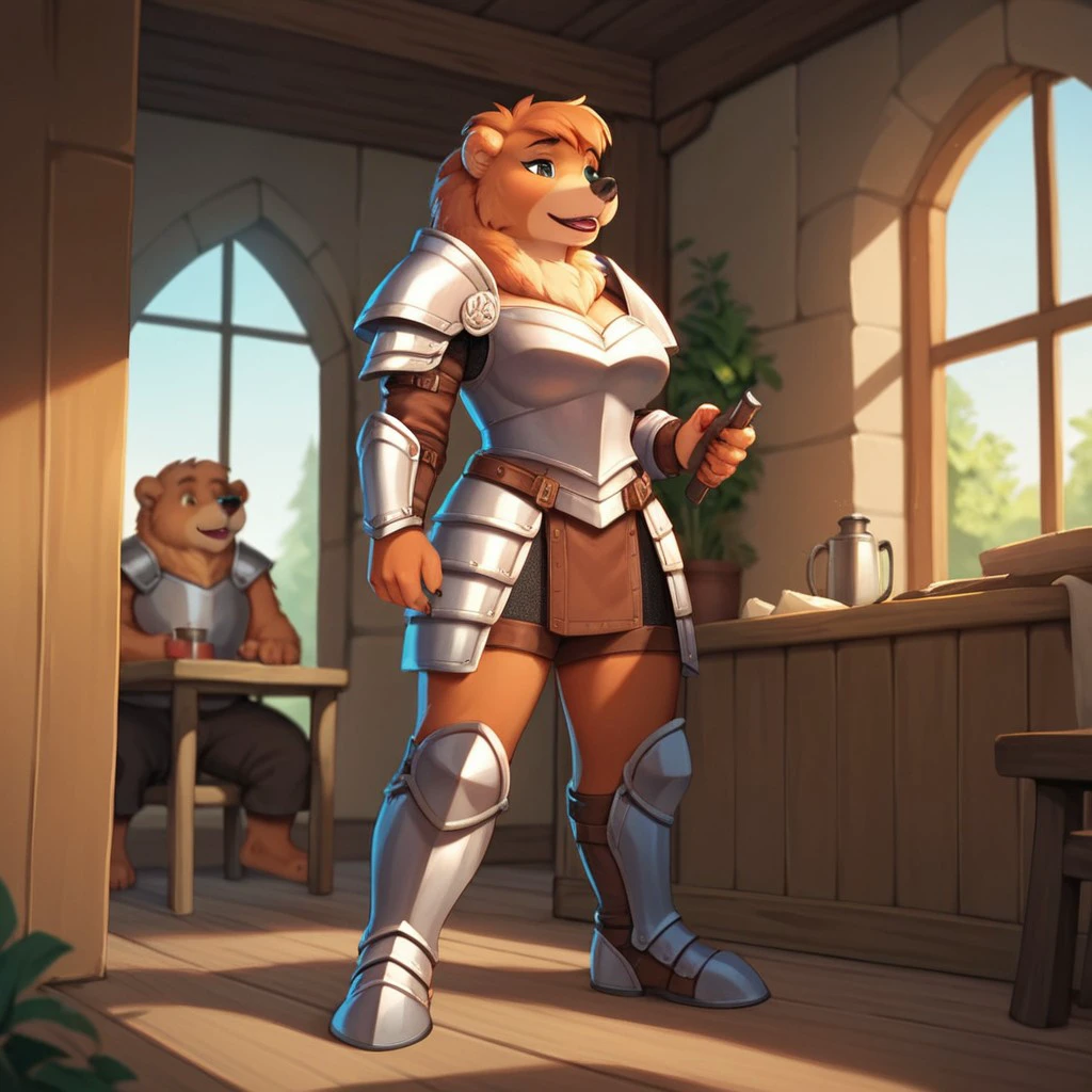 score_9, score_8_up, score_7_up, score_6_up, score_5_up, score_4_up, source_cartoon, sisterbear,  anthro, female, bear, brown fur,  armor, inside, <lora:fcbf2c47-d99d-4d6d-8c5a-b1a285bc484b:0.7>