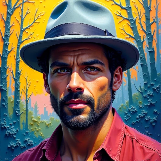 paint, neatly trimmed beard and mustache and is wearing a light gray fedora hat with a dark band. His eyes are expressive, superhero, detailed digital painting of a serene forest scene. The forest features tall, swirling effect. The man, pink, crowd, and blues, bird This is a vibrant, textured brushstrokes that create an almost sculptural quality. The woman, pgrj, teeth This is a photograph of a man with a full head of dark, giving it an alert and curious expression., textured yellow, forest, reflection, window, which casts a subtle shadow on her back.