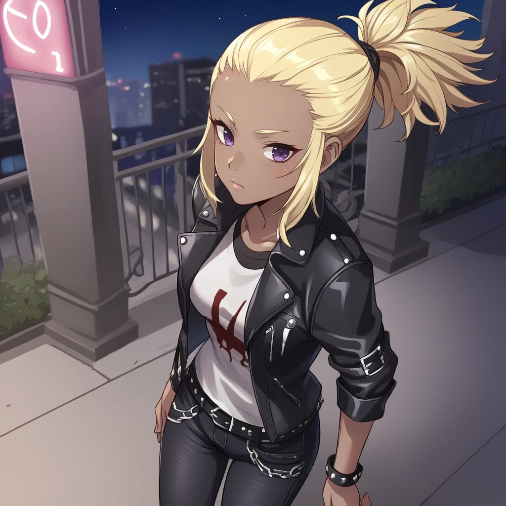 score_9, score_8_up, score_7_up, score_6_up, score_5_up, score_4_up, zPDXL2,source_anime,rating_questionable,1girl, solo,urban, outdoors, night, high angle, black leather jacket, open jacket, black jeans, punk, <lora:Flavia_FE:0.8> flavia_fe, blonde hair, dark-skinned female, purple eyes, ponytail,