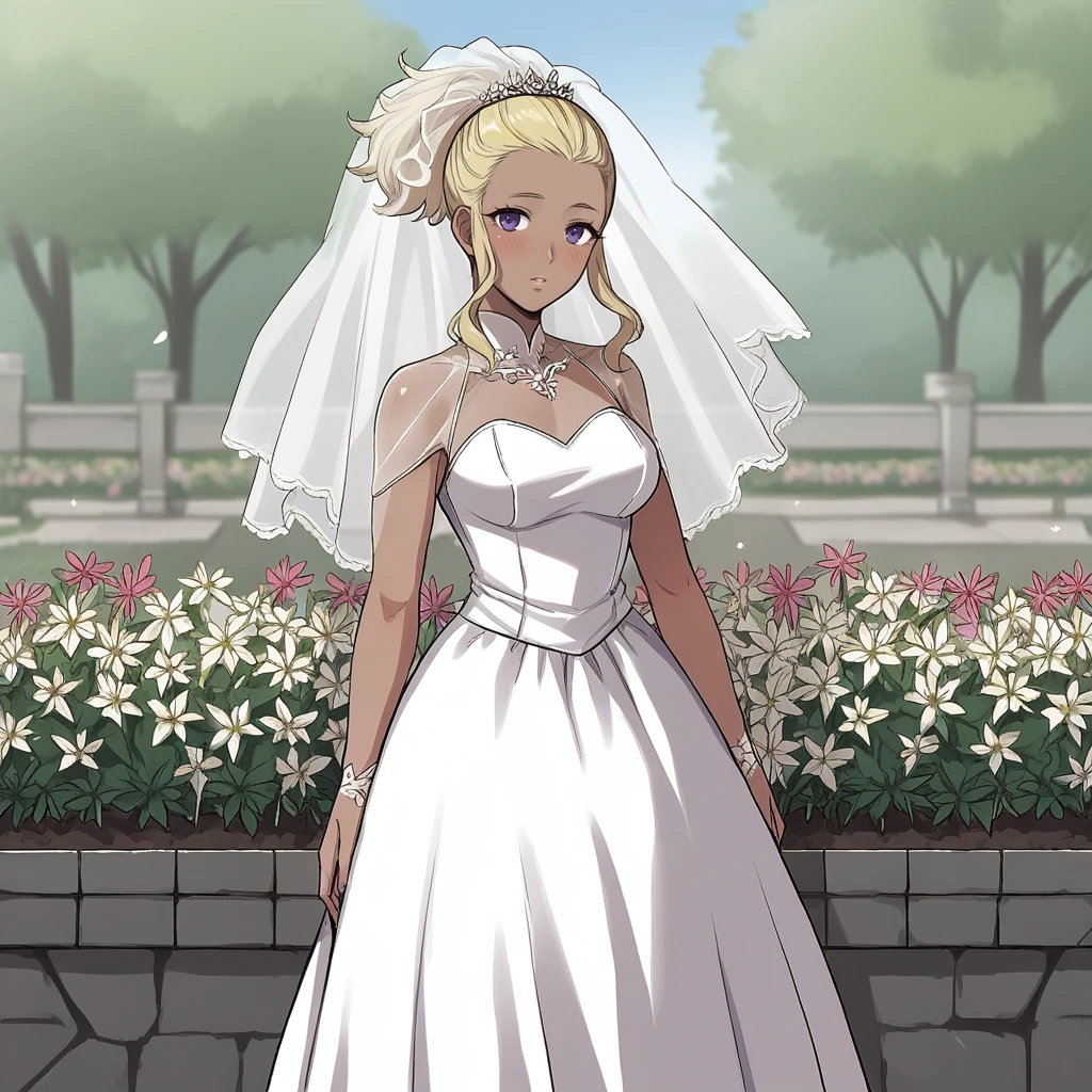 score_9, score_8_up, score_7_up, score_6_up, score_5_up, score_4_up, zPDXL2,source_anime,rating_questionable,1girl, solo, looking at viewer, cowboy shot, outdoors, garden, flowers, white dress, wedding dress, blush, <lora:Flavia_FE:0.8> flavia_fe, blonde hair, dark-skinned female, purple eyes, ponytail,