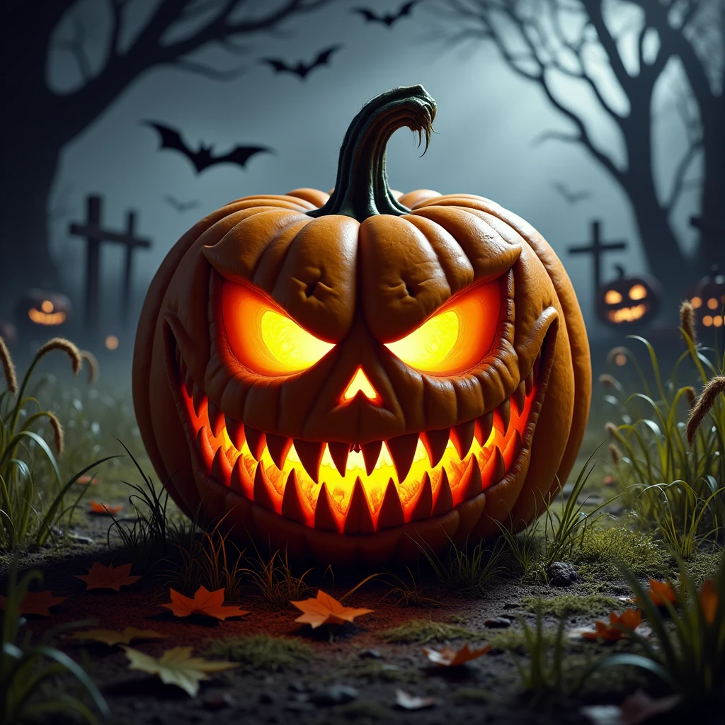 pamsml a creepy pumpkin on a field with dark atmosphere, he has glowing eyes and sharp teeth