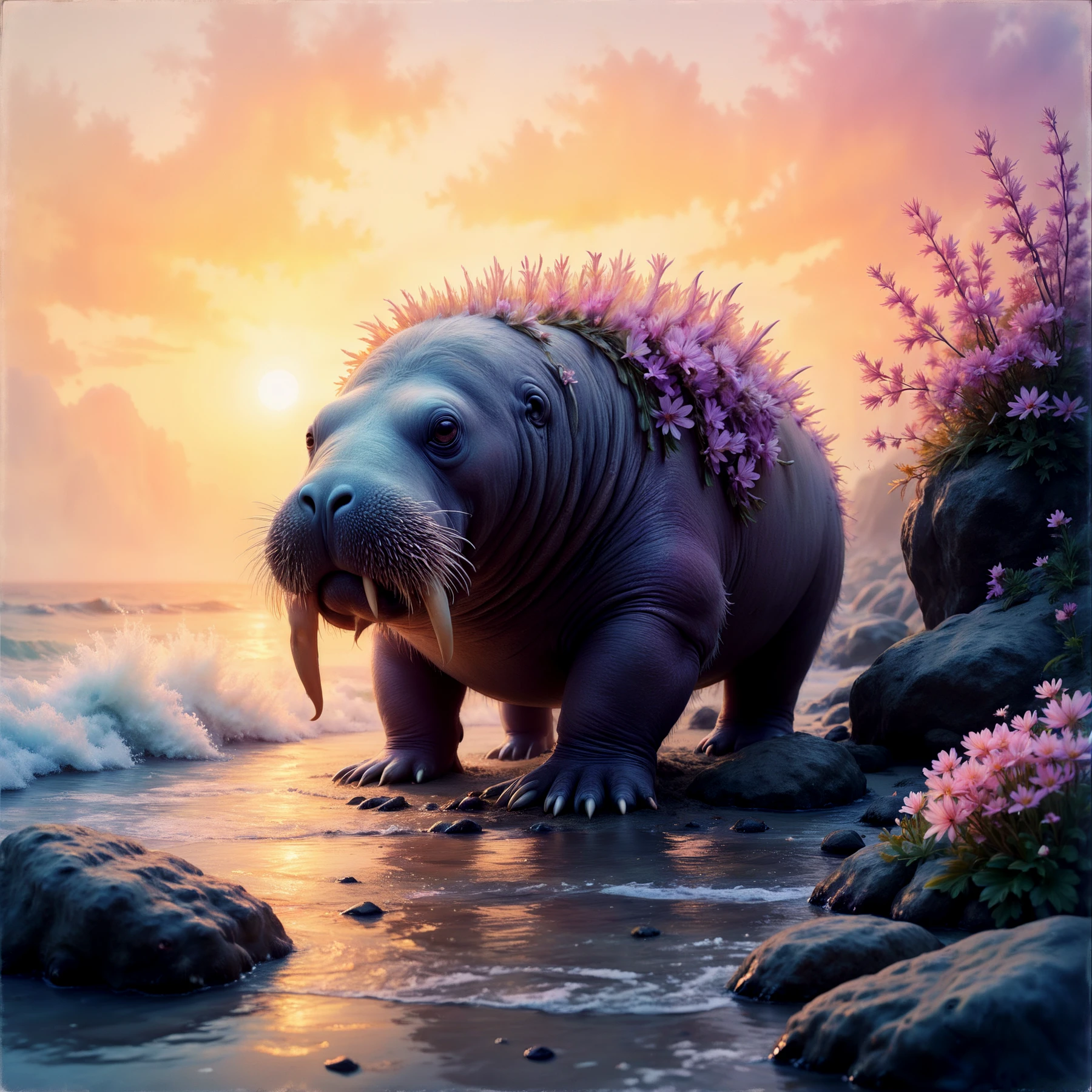 A pastel walrus creature, emerging from the ocean on four legs, crawling over rocks out of the water and onto the sandy beach. Surrounded by strange flowering flora. Glorious sunset.

Fantasy dreamlike art.

<lora:FantasyPastel01-04_CE_SDXL_64x32x180x2bOT:0.8>
FntsyPstlCE style