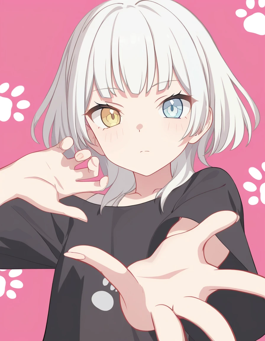 kaname raana, white hair, heterochromia, 1girl, solo, looking at viewer, <lora:kaname_raana_IlluXL:1>, pink background, black shirt, dynamic pose, paw print, reaching out, open hand,, best quality, masterpiece,highres,[[[[[[[jyt,tianliang duohe fangdongye,atdan]]]]]]]