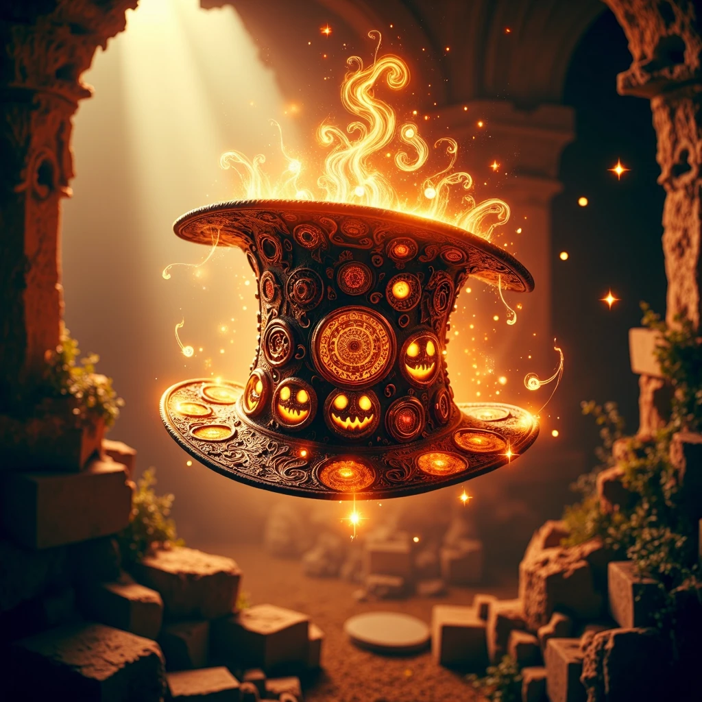 <lora:HalloweenGlowStyleFlux_000002500:1>HalloweenGlowStyle A detailed, ornate top hat, overflowing with glowing, swirling magical energy, floating in a dimly lit cavern, surrounded by ruins, remnants of a lost civilization, crumbling pillars and vines, Fantasy, Adventure, Mystery, Warm, Golden hues, Intricate, Shimmering, Magical, Awe-inspiring, Epic