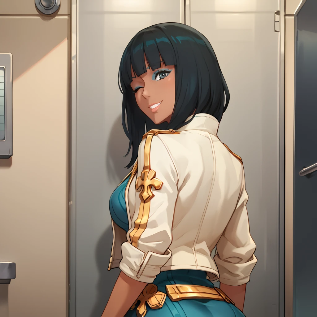 score_9, score_8_up, score_7_up, 1girl, solo, uncensored, nonaryalice, smile, wink, looking at viewer, looking back, from behind, upper body, dark-skinned female, black hair,  white jacket, indoors, elevator, laboratory, modern, metal wall <lora:NonaryAliceXL_v1.0:1>