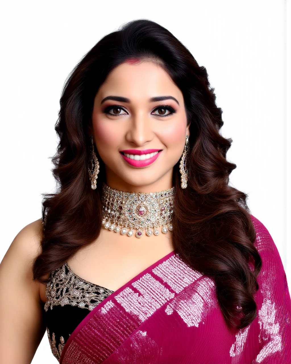 headshot photo of tamannah bhatia woman, studio quality,smiling, subsurface scattering, high collar Ghagra Choli, canon 5D, realistic skin texture, skindentation, flat white background<lora:TestBed\Tamannah_Bhatia_Flux_Kohya_V1.safetensors:1.0:1.0>