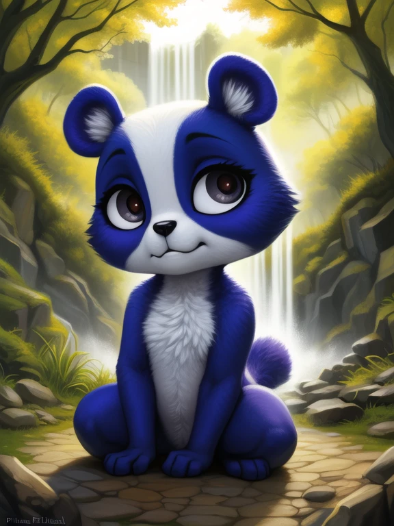 <lora:PennyLingLPSYif:0.85> PennyLingLPS, Panda, white purple fur, white belly, dark blue eyes,  ( ((chibi, small body,girl,)))
Looks at the viewer, [ solo, nature, forest, day, clouds, waterfall, ,]((cowgirl position,))
beautiful, aesthetic, perfect, delicate, intricate, saturated colors, masterpiece, digital drawing, best quality,
[by kenket|by totesfleisch8], by thebigslick:by silverfox5213:0.8], [by syuro, by paloma-paloma::0.2, (Tricksta, TotesFleisch8)