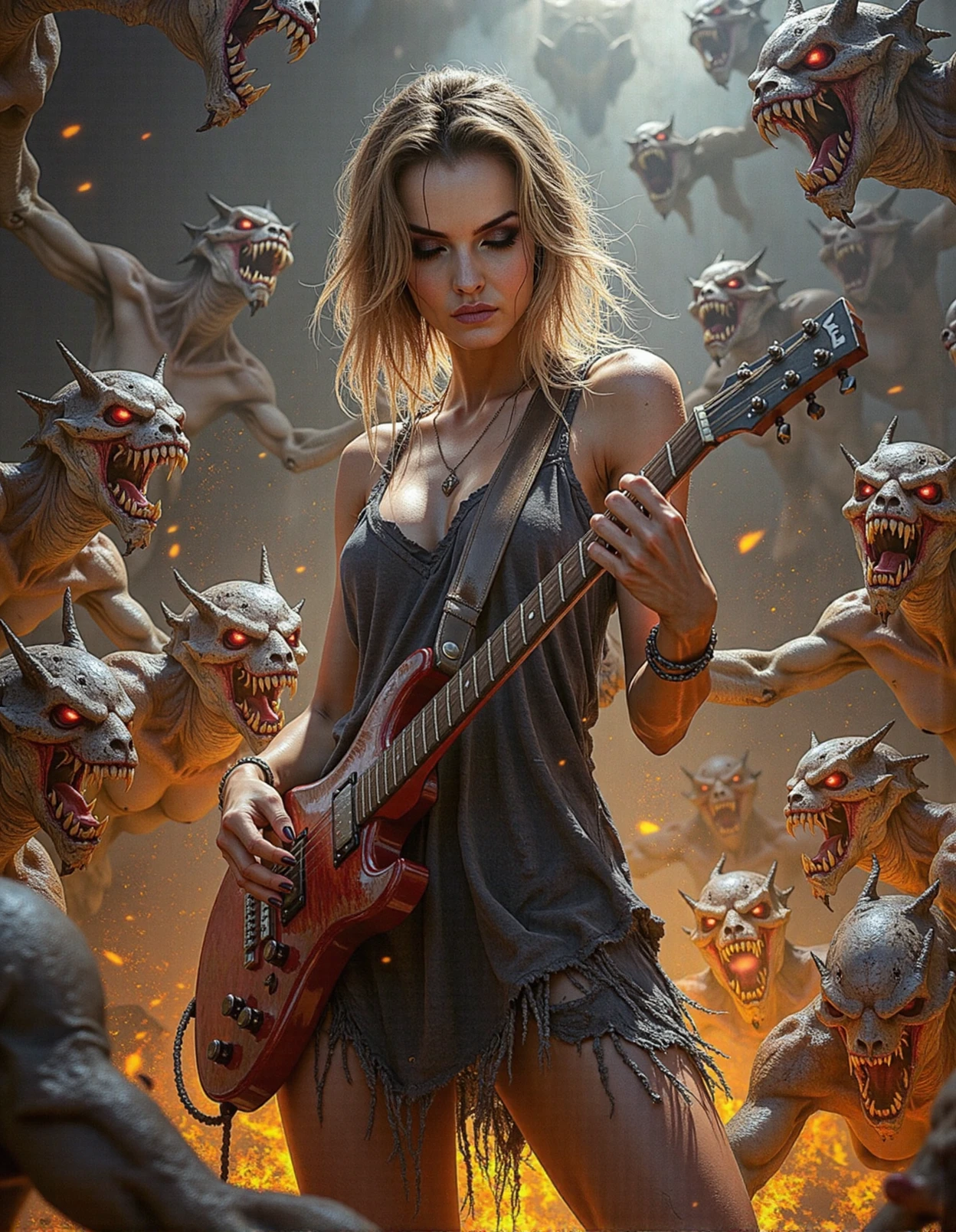 a highly detailed digital illustration depicting a d4lmakar woman playing an electric guitar in a fiery, apocalyptic setting. The woman, with shoulder-length wavy blonde hair, has a slender, athletic build and is dressed in a black, ripped, sleeveless dress that reveals her toned arms. She wears a simple necklace and has a serious, focused expression on her face, with her eyes downcast, possibly in concentration or contemplation.
Surrounding her are multiple menacing, demonic creatures with glowing red eyes and sharp horns. These creatures have muscular, reptilian bodies and are positioned in various states of motion, some reaching towards her and others appearing to be in the midst of an attack. The background is ablaze with intense flames, creating a dynamic and chaotic atmosphere. The flames are predominantly orange and yellow, with some blue and black hues, adding depth and contrast to the scene. The texture of the flames and the woman's dress is realistic, with the dress appearing slightly worn and torn, enhancing the rugged, gritty feel of the image. The overall mood is intense and dramatic, capturing a sense of danger and tension.  <lora:dalmakar:1>  <lora:ahx_flux_lora_v1:0.7>